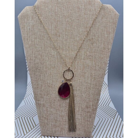 Veronese Signed Gold Tone Tassel Red Teardrop & Crystal Pendant Necklace 32" - Picture 6 of 11